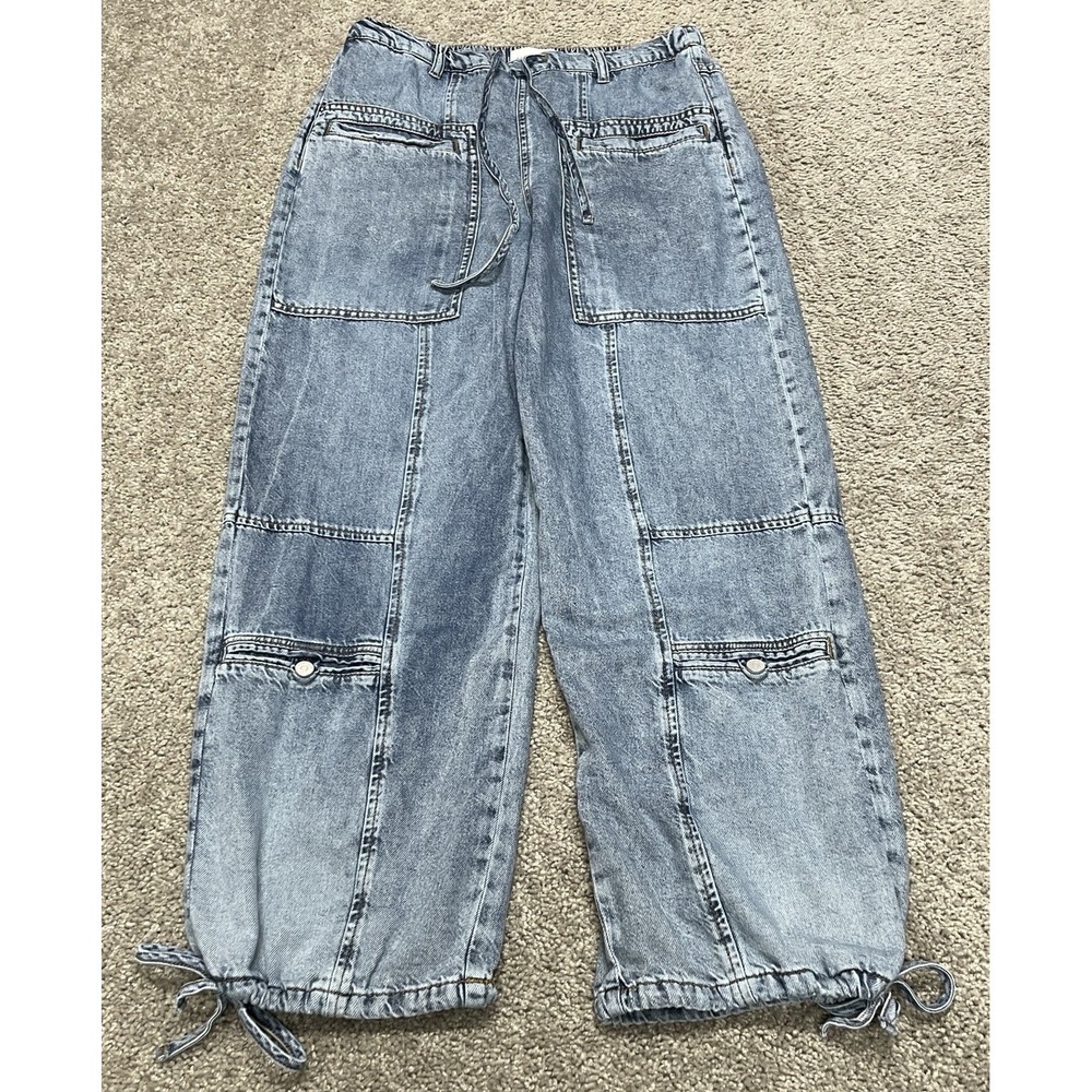 Habitual Jeans Womens Med 90's Cargo Parachute Blue Acid Wash Drawstring Waist